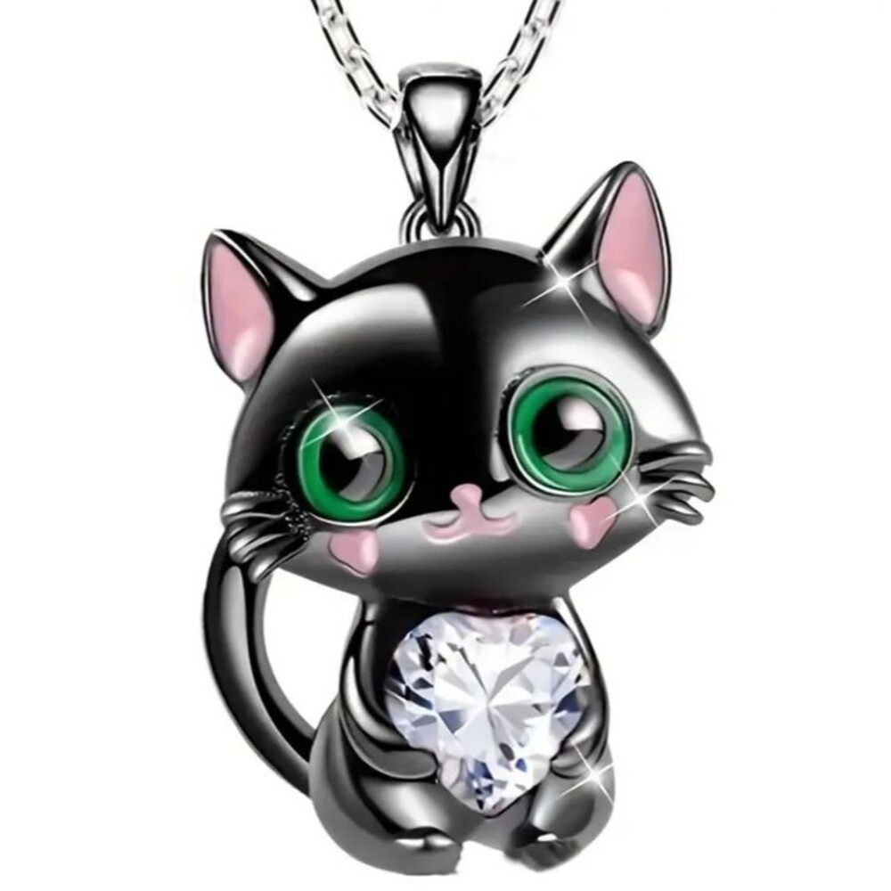 Black CAT Kitten GREEN EYES Rhinestone Heart Necklace